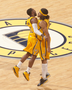 Chris Copeland and C.J. Watson celebrate after a big run. In the end, the Pacers still fell short 92-90 to Chicago.  (Photo by Pacers Sports and Entertainment)